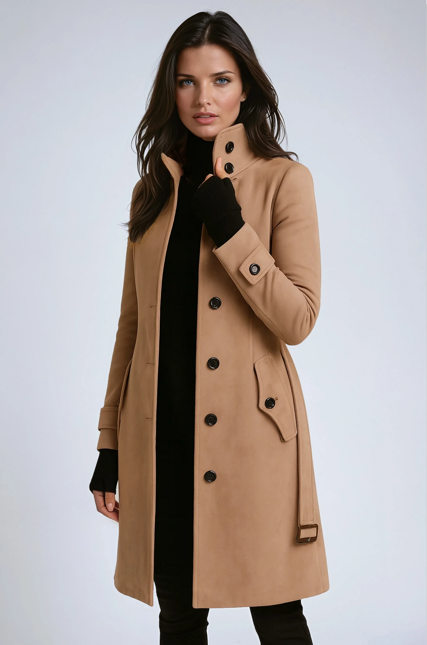 Trench winter coat with high collar