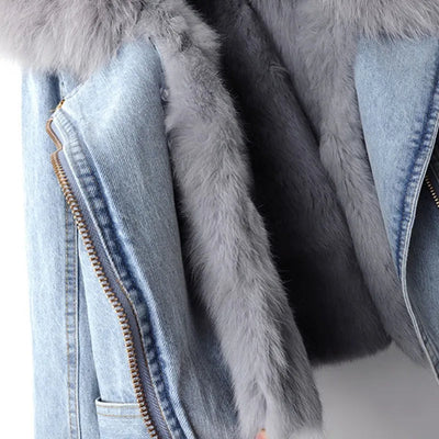 Denim Jacket with Fur Lining | Short Model with Collar