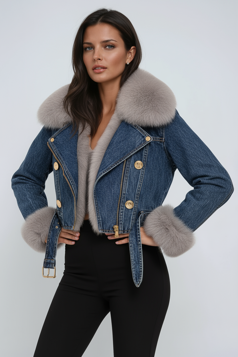 Denim Jacket with Fur Lining | Short Model with Collar